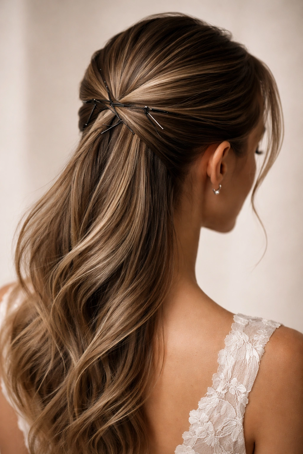 Close-up of a bride's sleek pinned twist forming sharp geometric lines.