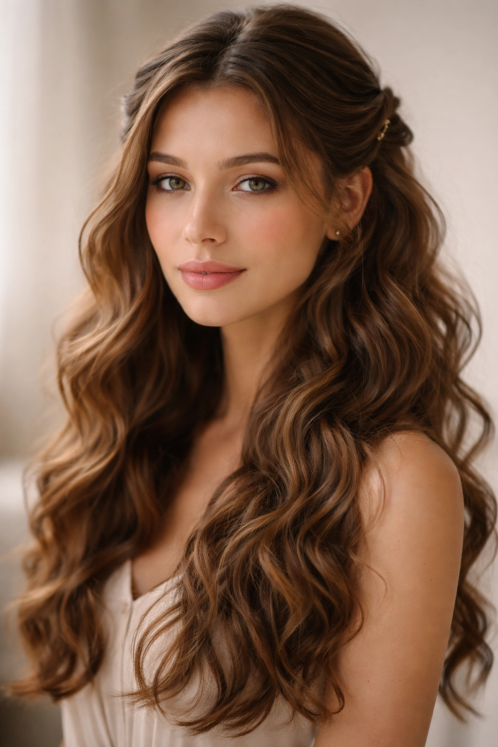Pinned back waves with natural texture and face-framing pins
