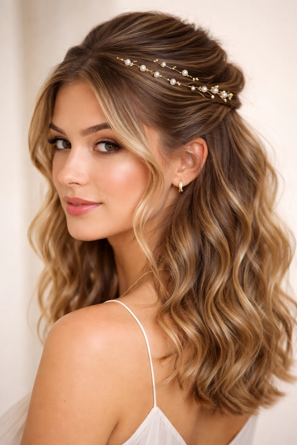 Wavy half-up hairstyle with decorative pearl or metal pins across the crown