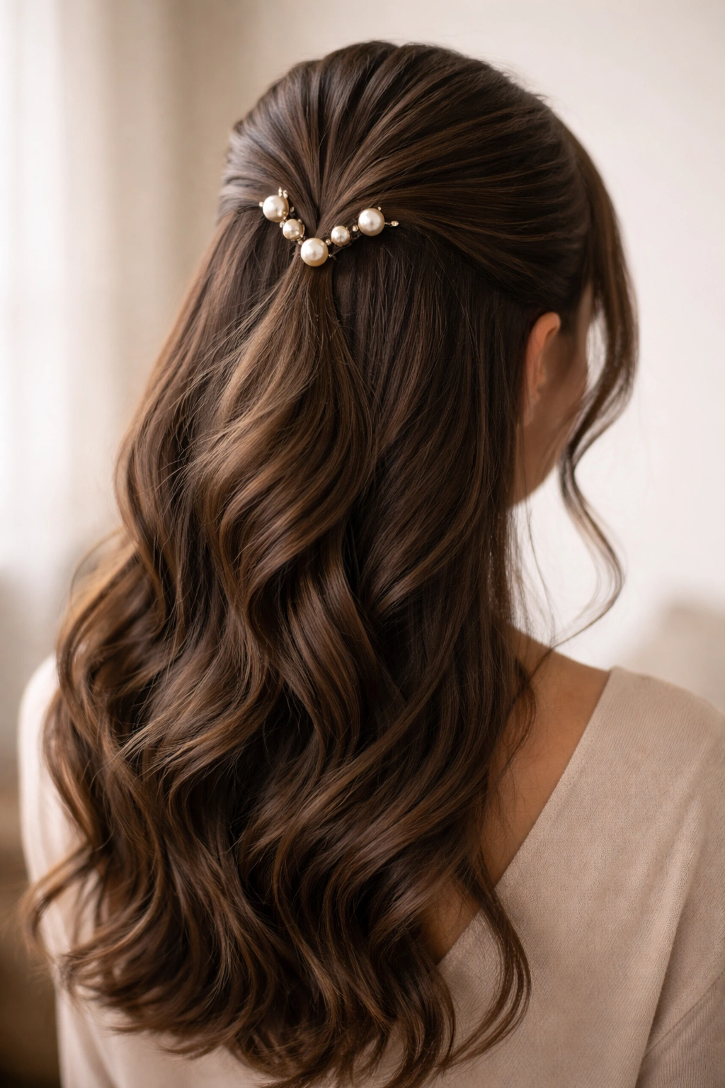 Pins visible at the half-up area featuring pearls or metallic accents