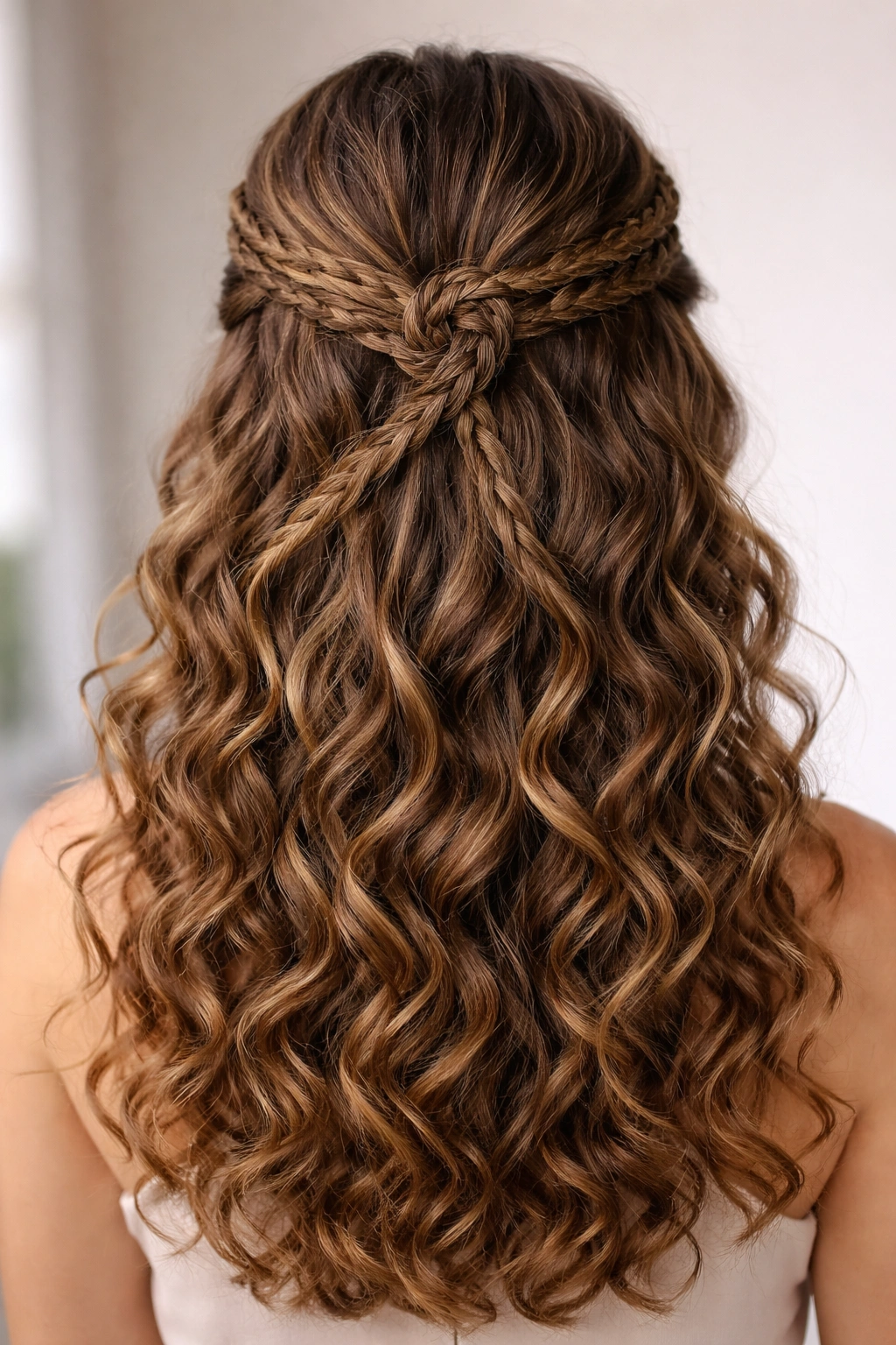 Two thin braids forming a pinwheel at the back of the head with curls beneath