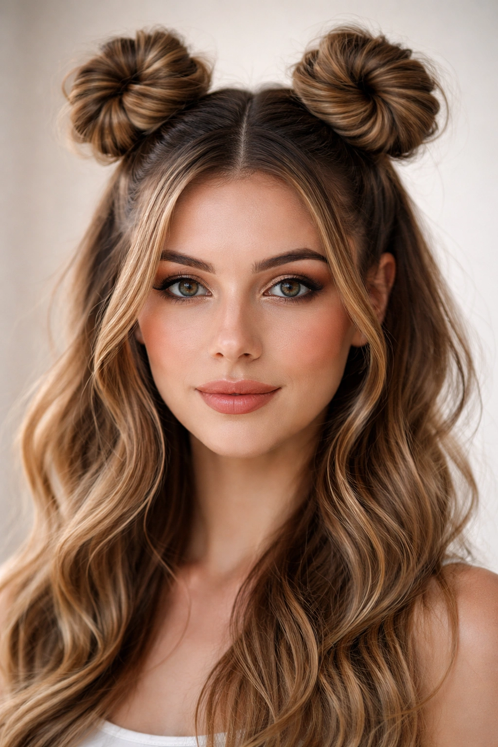 Pinwheel Space Buns showing spiral texture on two buns