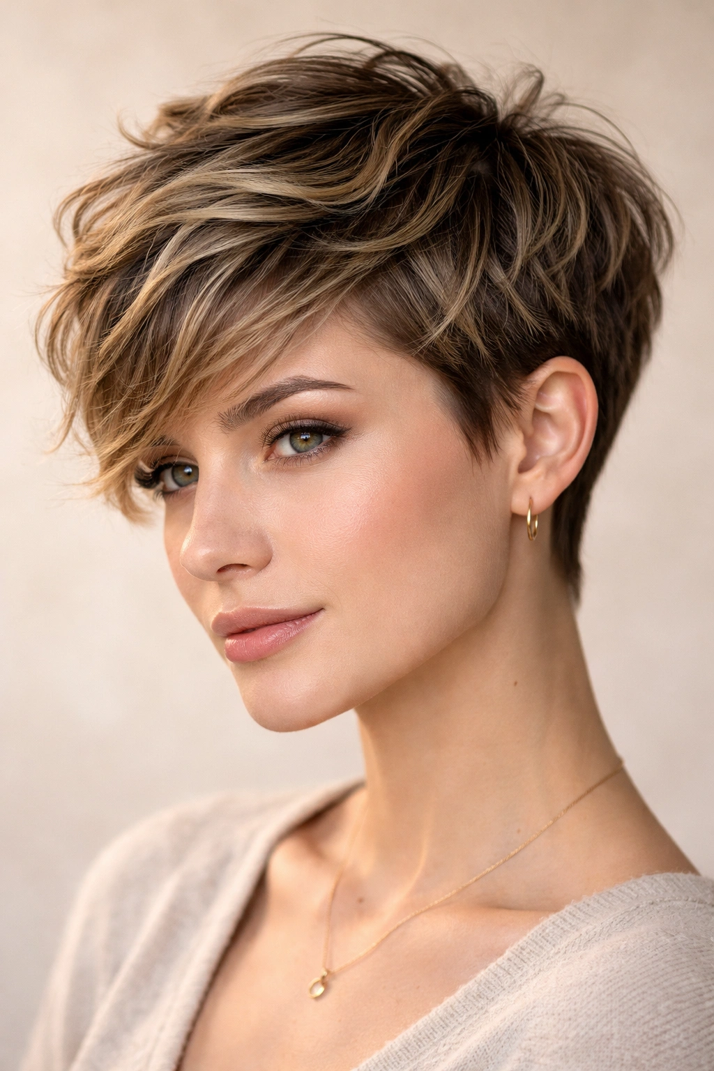 Close-up of textured pixie with subtle balayage highlights