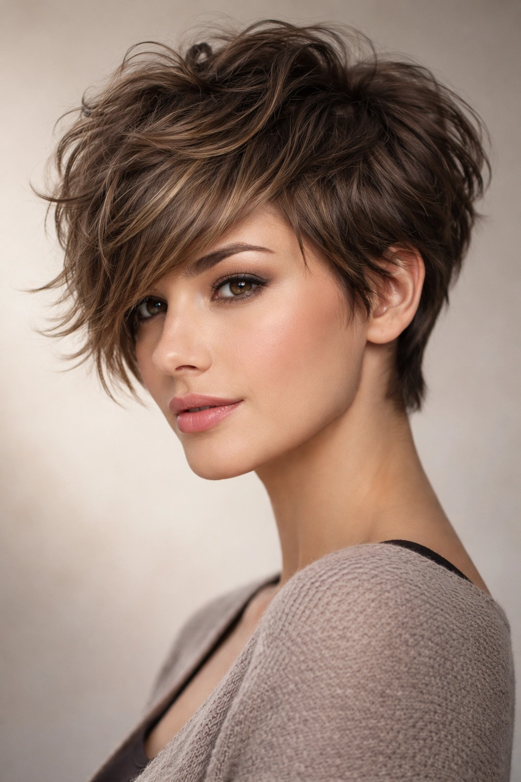 Close-up of a thick wavy textured pixie with soft side-swept bangs