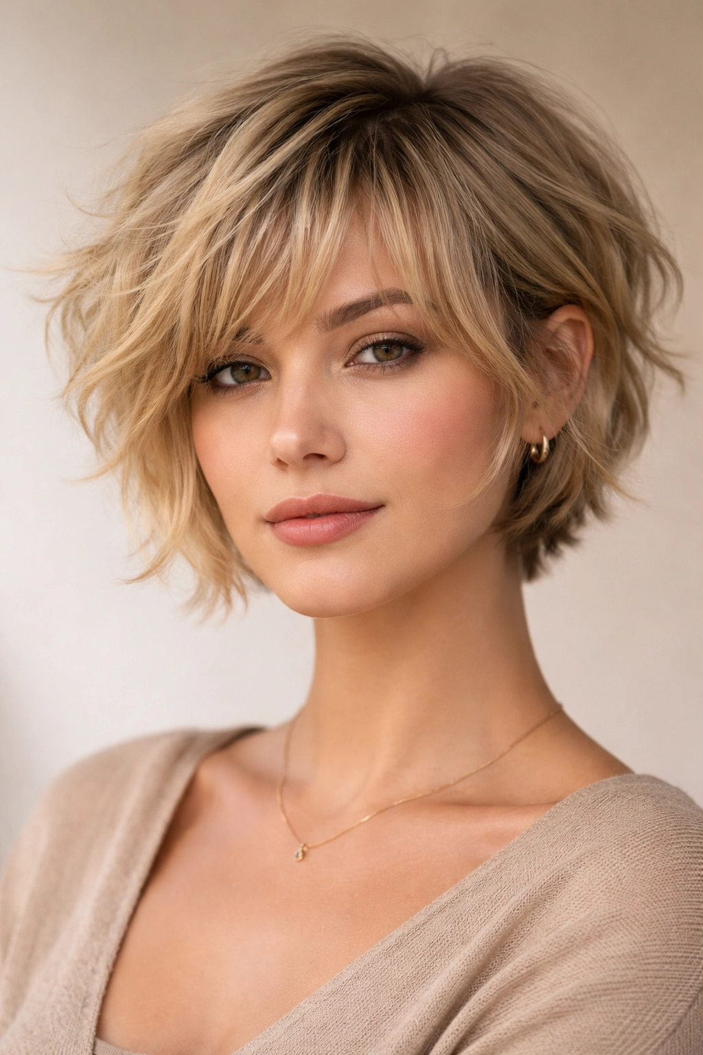 Tousled pixie bob with wispy bangs on blonde hair