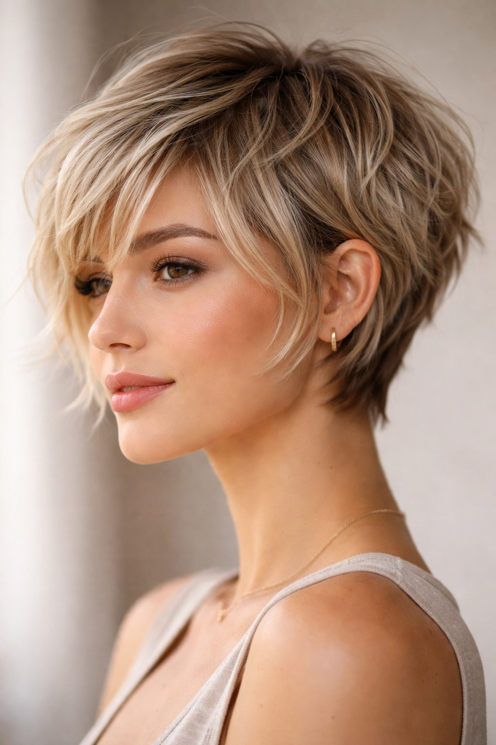 Blonde choppy pixie-bob hairstyle with textured layers.