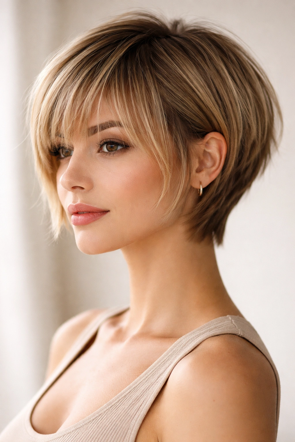 Portrait of a straight-haired pixie bob with feathered bangs in a studio.