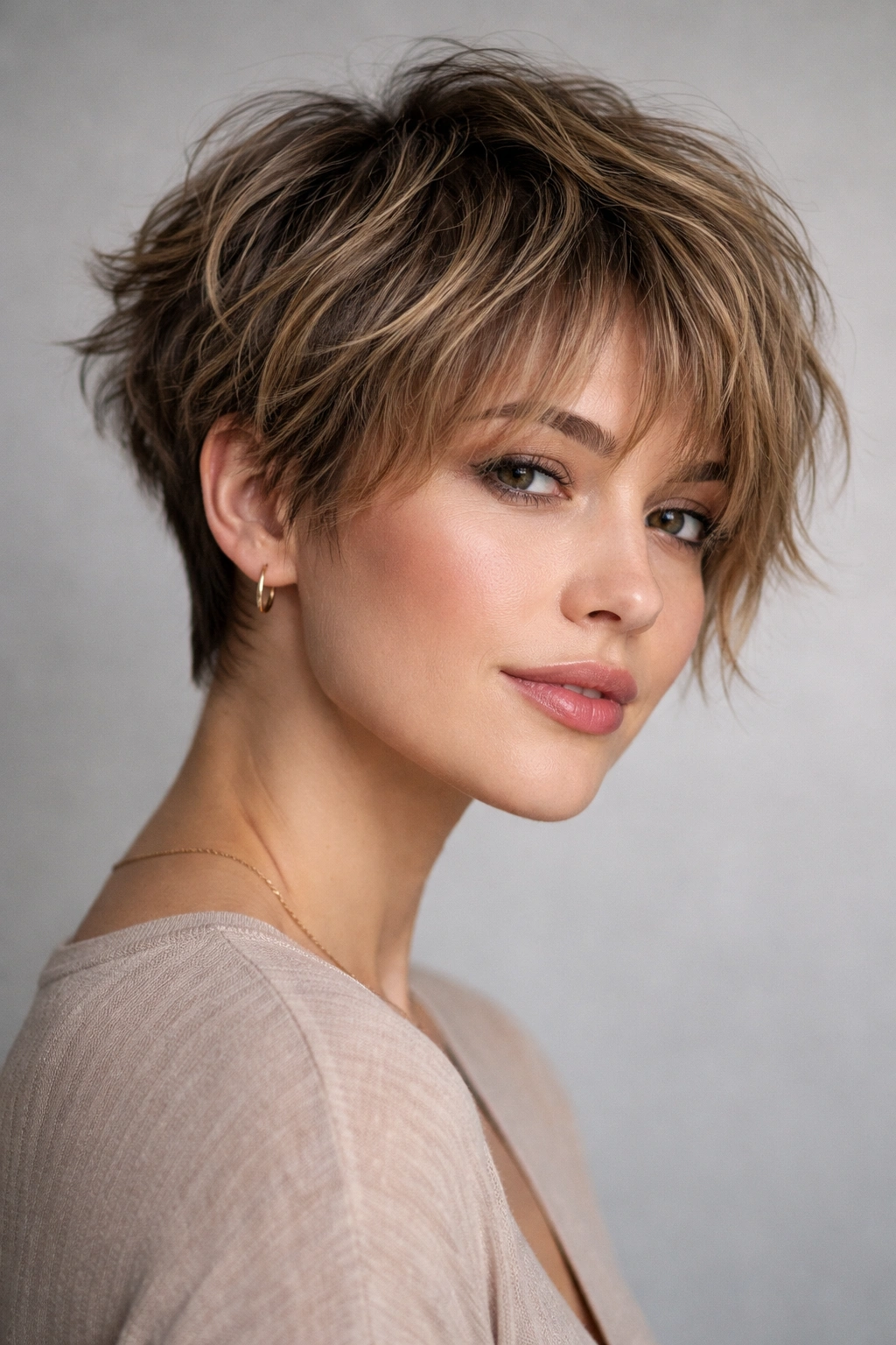 Close-up of textured pixie-bob hybrid hairstyle with layered top