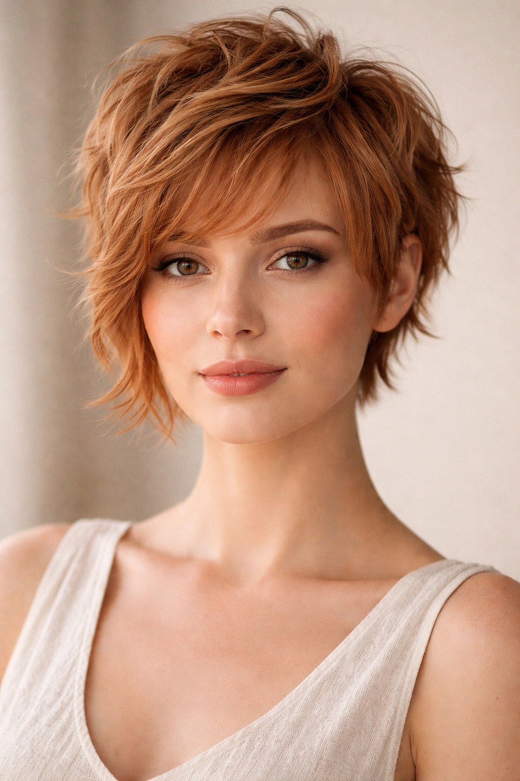 Textured pixie-bob hybrid hairstyle in strawberry blonde with soft waves.