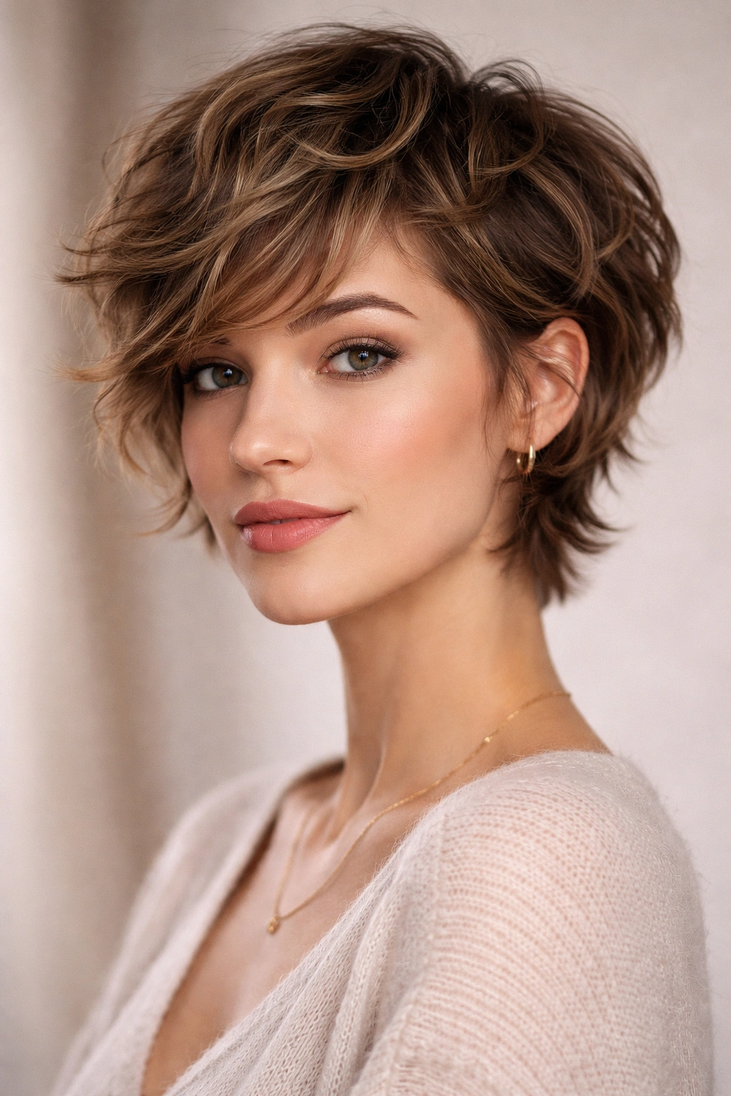 Wavy pixie-bob hybrid with short top and longer underlayers
