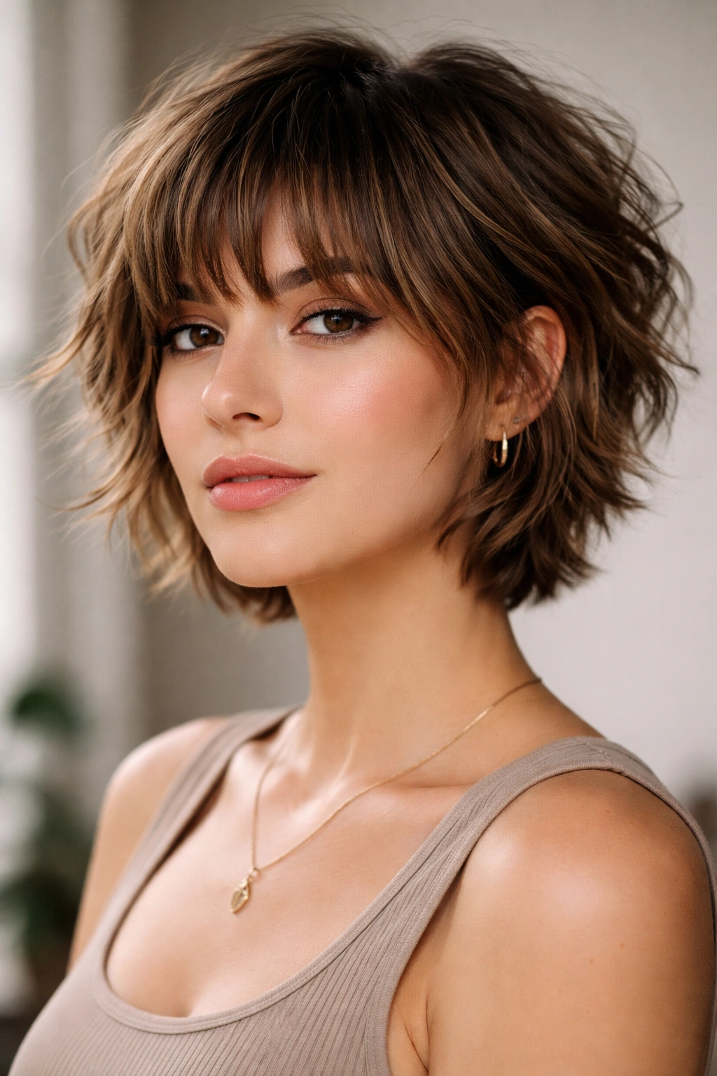 Shaggy wavy pixie-bob hybrid with choppy bangs on a model