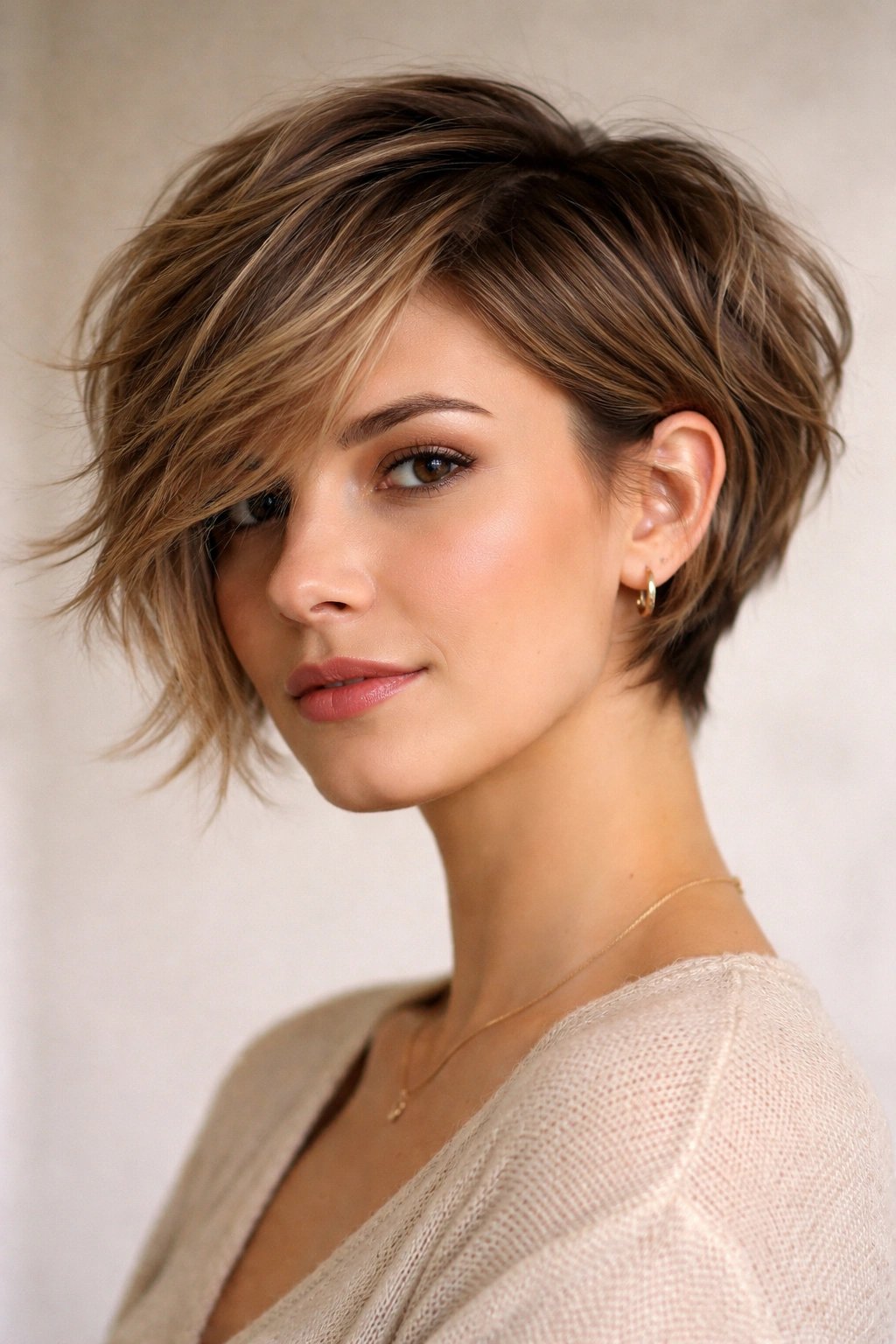 Portrait of a person with a textured pixie bob and side-swept front pieces, studio lighting