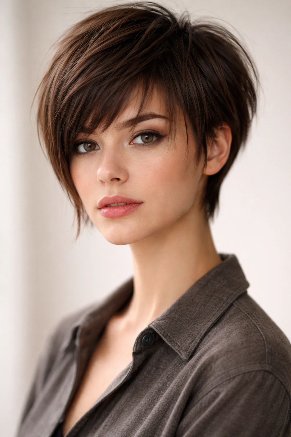 Profile view of textured pixie-to-bob transition with short crown and longer sides