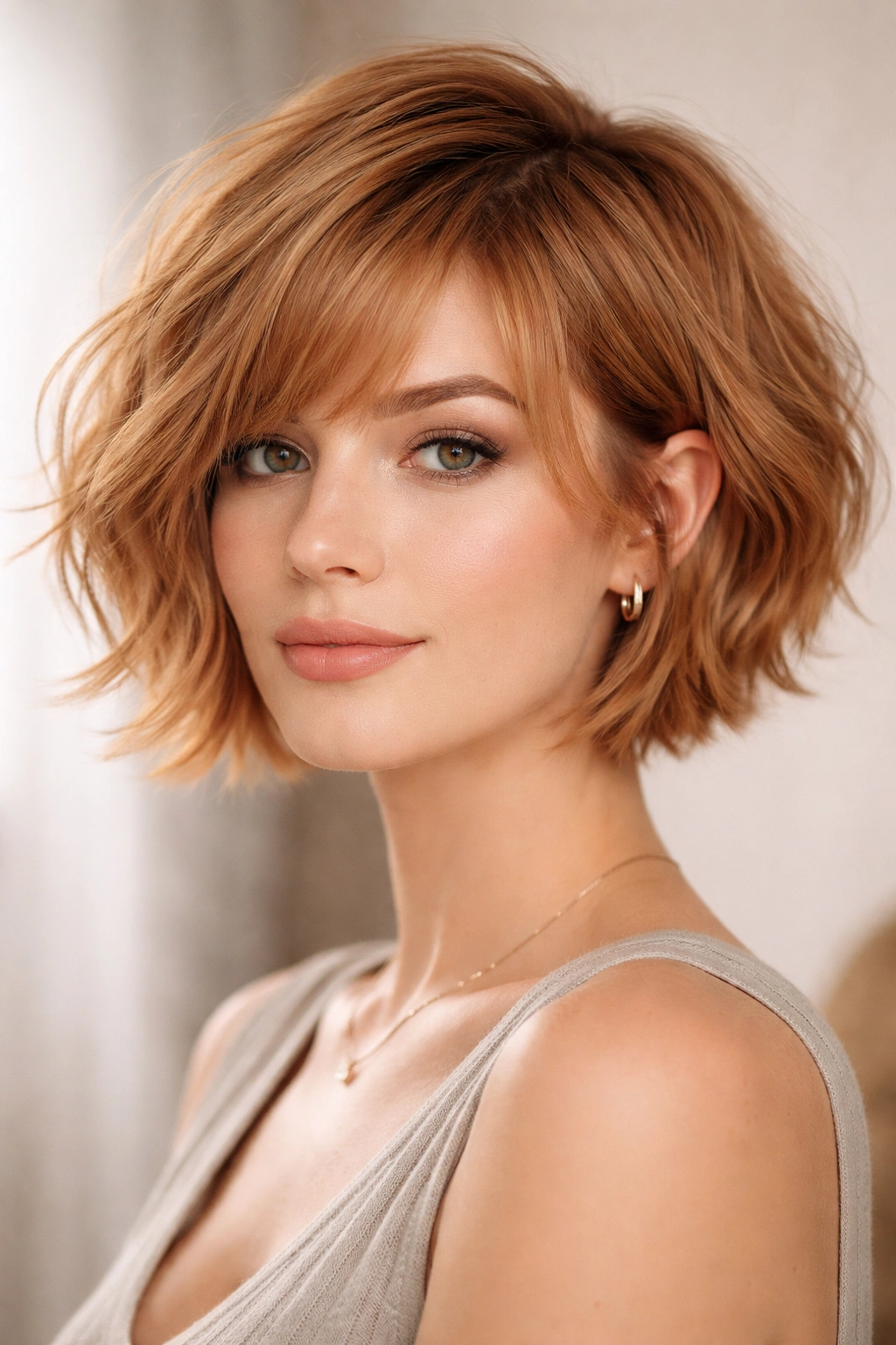 Blunt pixie bob with blunt front line and tousled waves in strawberry blonde