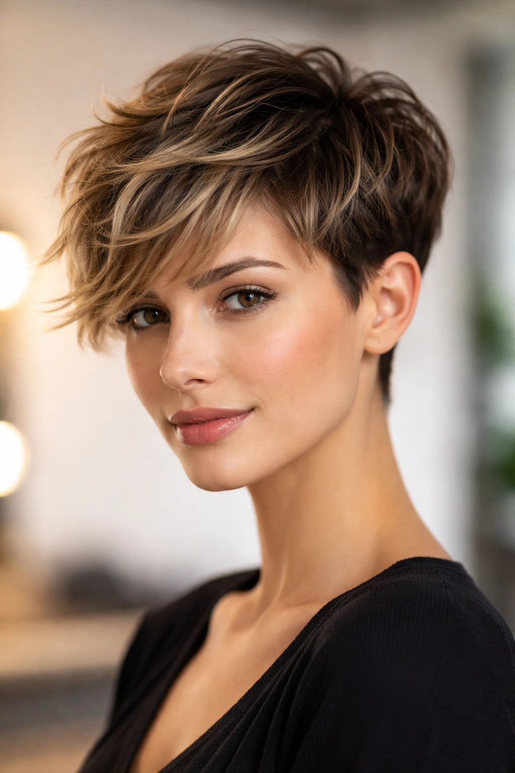 Pixie-length crop hairstyle with sophisticated balayage and soft crown waves.
