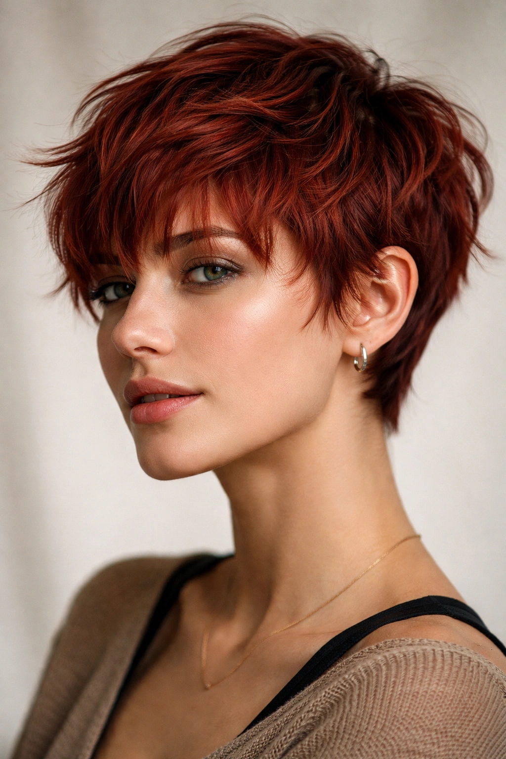 Close-up of a red textured pixie crop with choppy bangs and waves