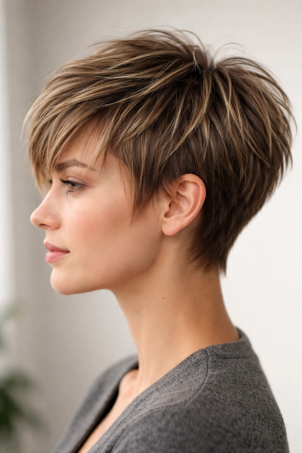 Close-up profile of pixie cut with choppy layers on straight hair in studio portrait