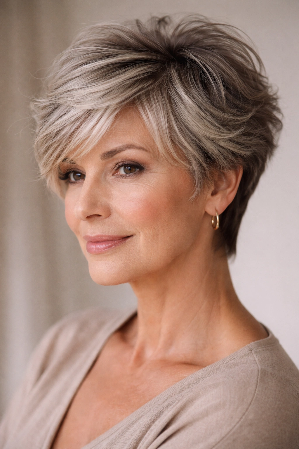 Close-up of a feathered pixie cut with dimensional color