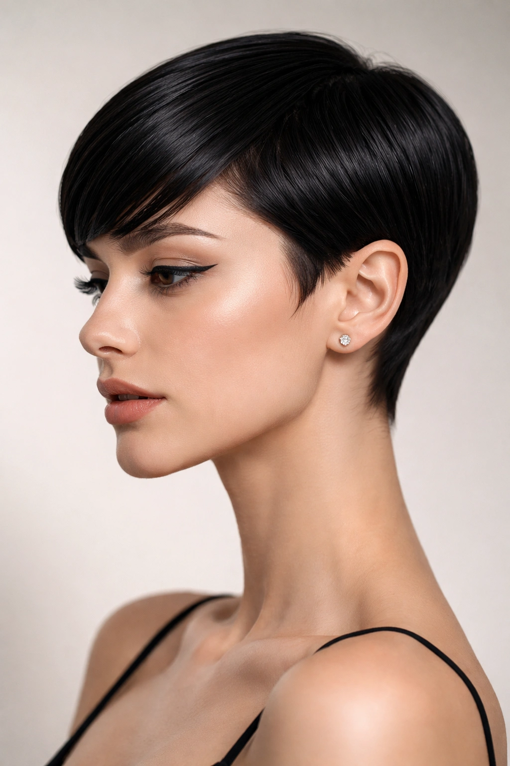Close-up of a model with a sleek, straight pixie cut.