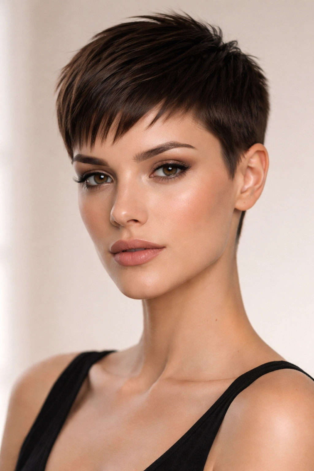 Close-up of a model with a sleek pixie cut on straight hair