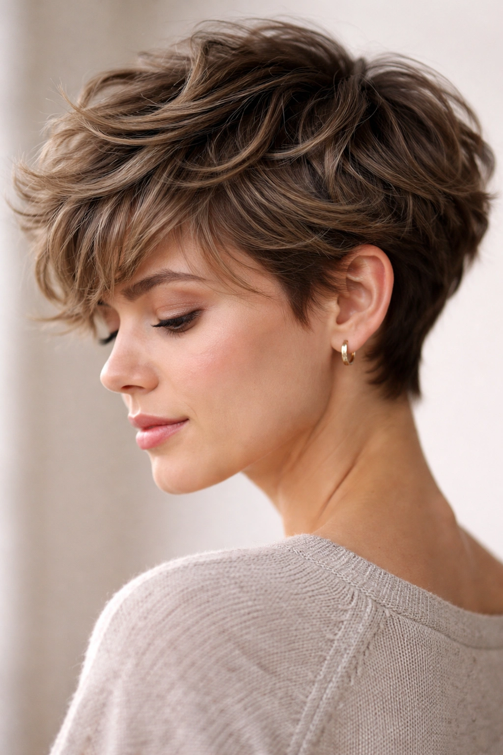 Close-up side view of a tousled textured pixie with visible waves.
