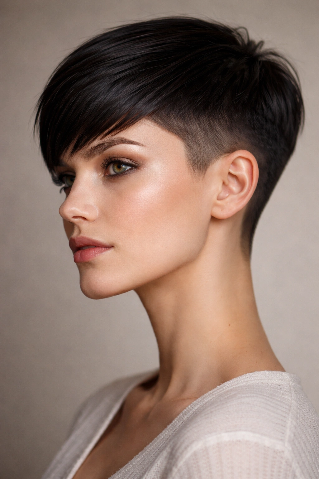 Sleek pixie cut with textured undercut exposing ears