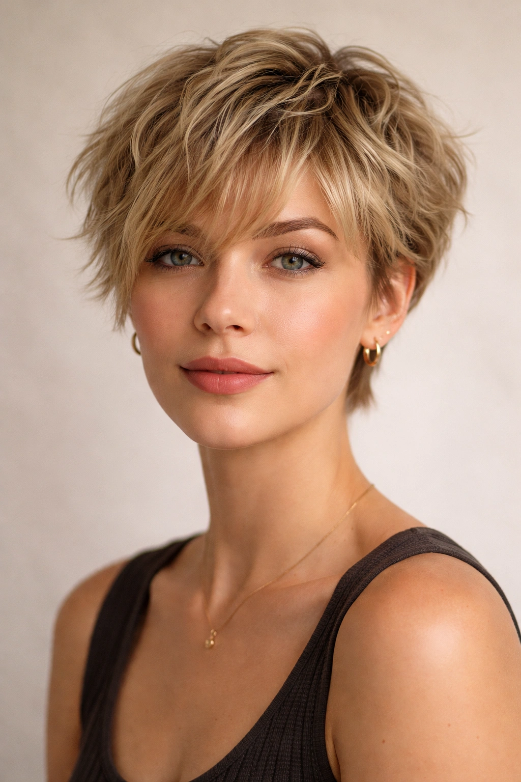 Close-up of textured pixie cut with wispy bangs on wavy blonde hair in a studio portrait