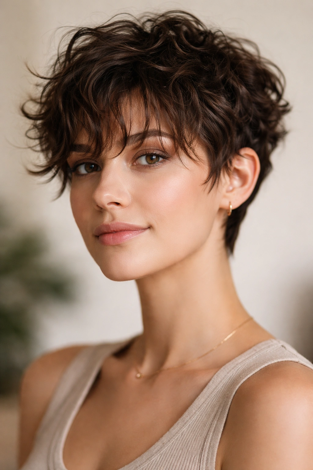 Close-up portrait of a textured pixie cut with wispy bangs on curly hair