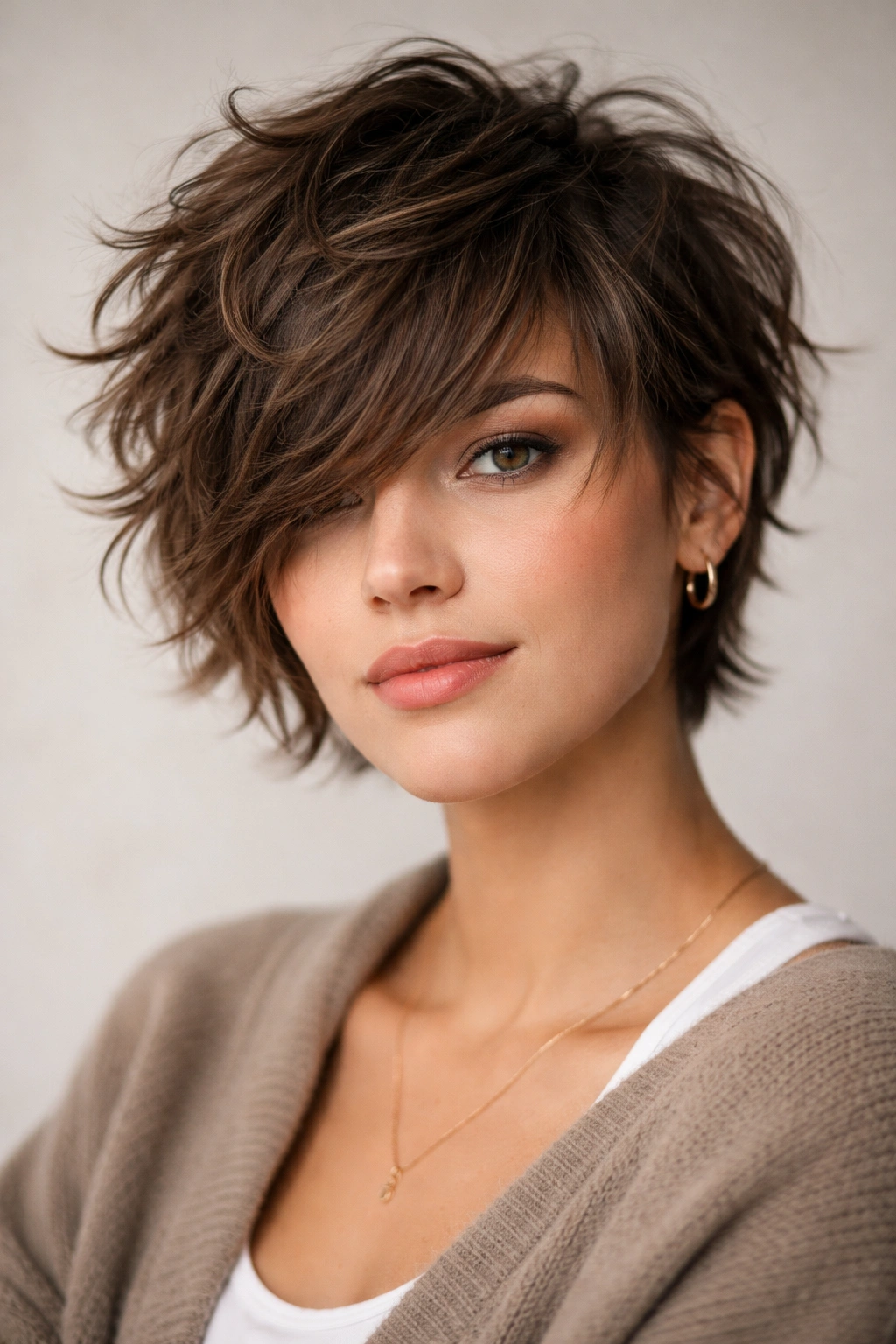 Tousled pixie shag hairstyle with side-swept bangs
