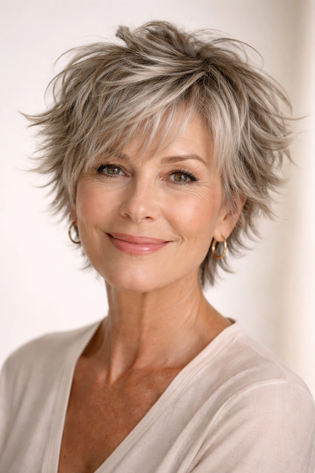Close-up portrait of a woman with a tousled pixie-shag hybrid hairstyle