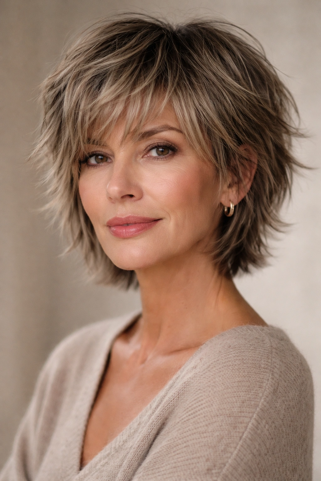 Close-up of a woman with a chin-length pixie-shag hybrid featuring bold choppy layers and volume.