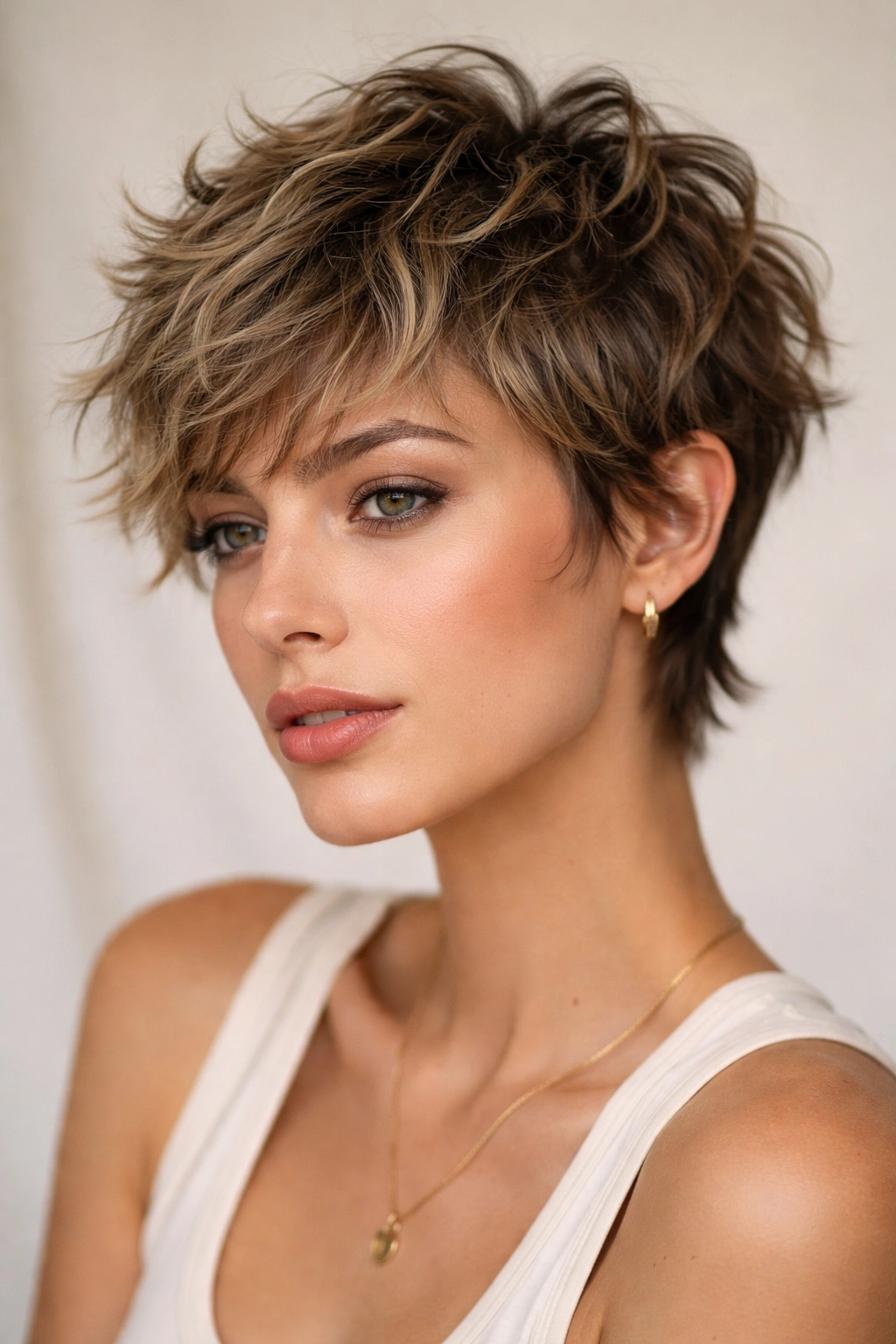 Close-up of a short textured pixie shag with defined waves on top