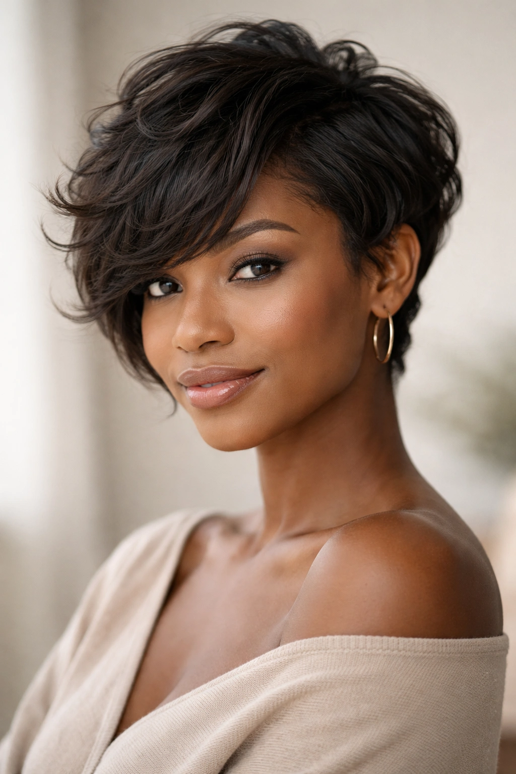 Soft layered pixie with sideswept bangs and flowing waves