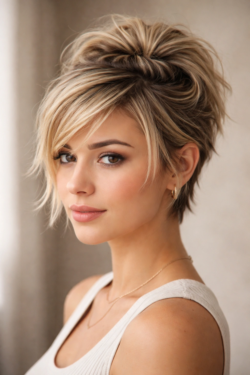 Close-up of textured layered pixie with a small half-up twist at the crown.