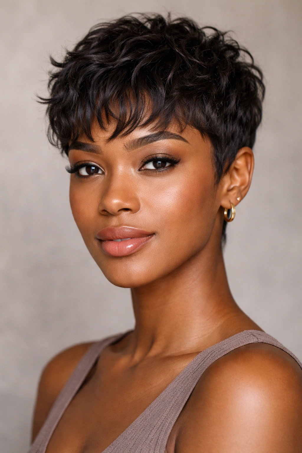 Close-up portrait of a person with a short textured pixie and wispy bangs highlighting natural wave texture