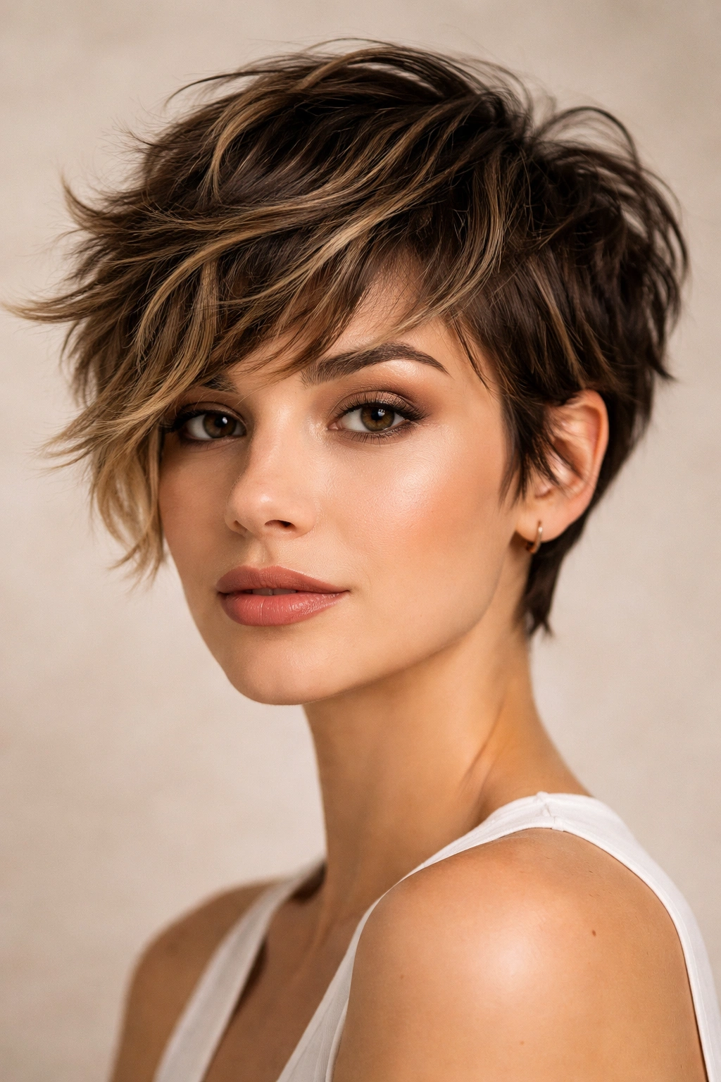 Choppy pixie-wave hairstyle with face-framing balayage and dark roots.
