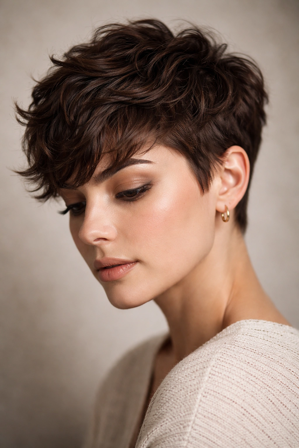 Close-up brunette textured pixie wave hairstyle with choppy crown.