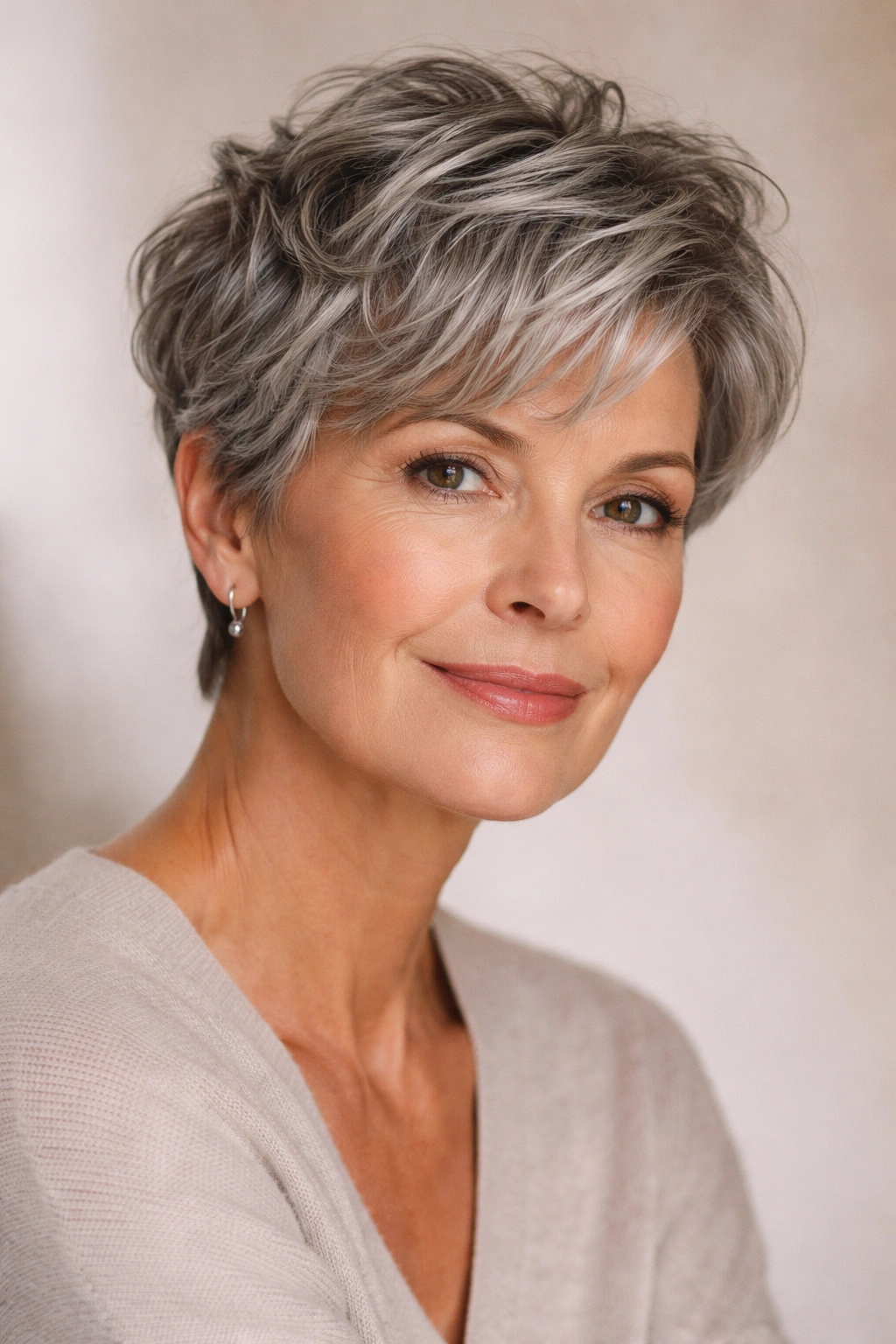 Close-up portrait of a mature woman with a textured pixie wave hairstyle in a neutral studio.