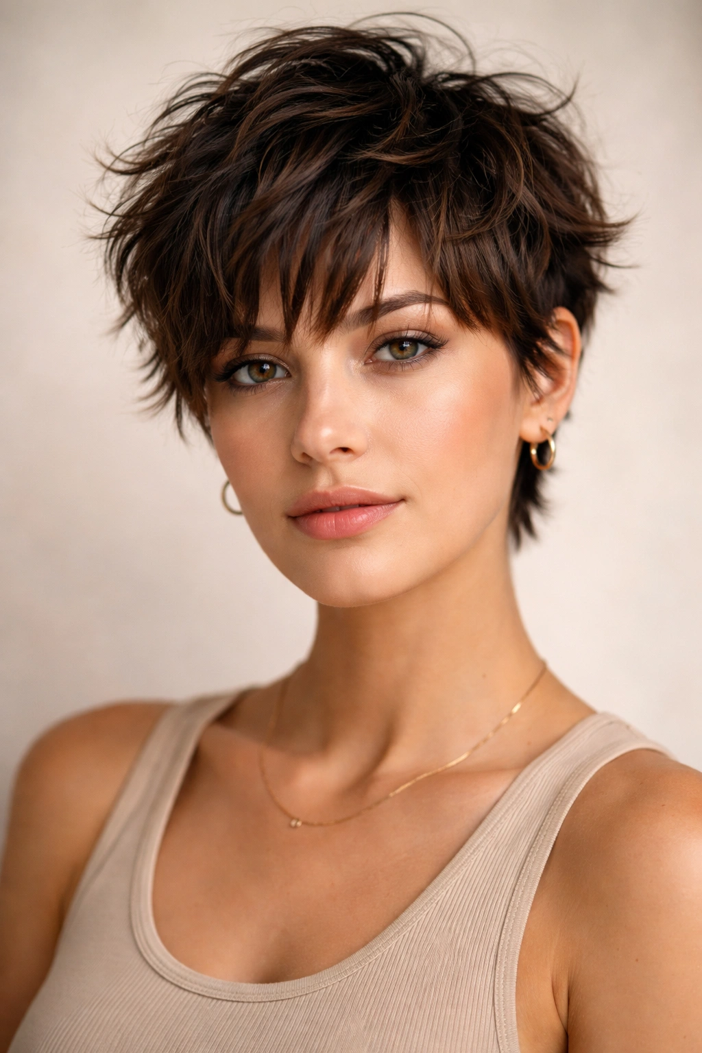 Close-up of a short pixie haircut with textured waves and razored bangs