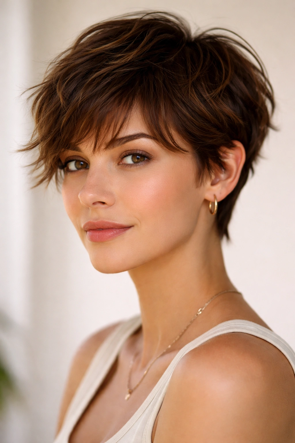 Model with modern pixie cut and wispy bangs showing soft feathering and texture