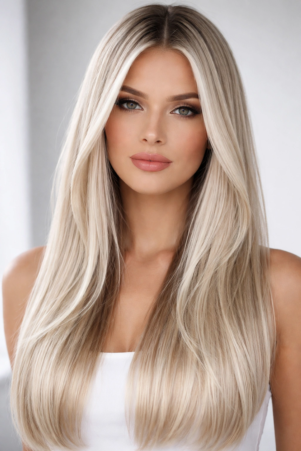 Straight hair with platinum blonde balayage on dark base