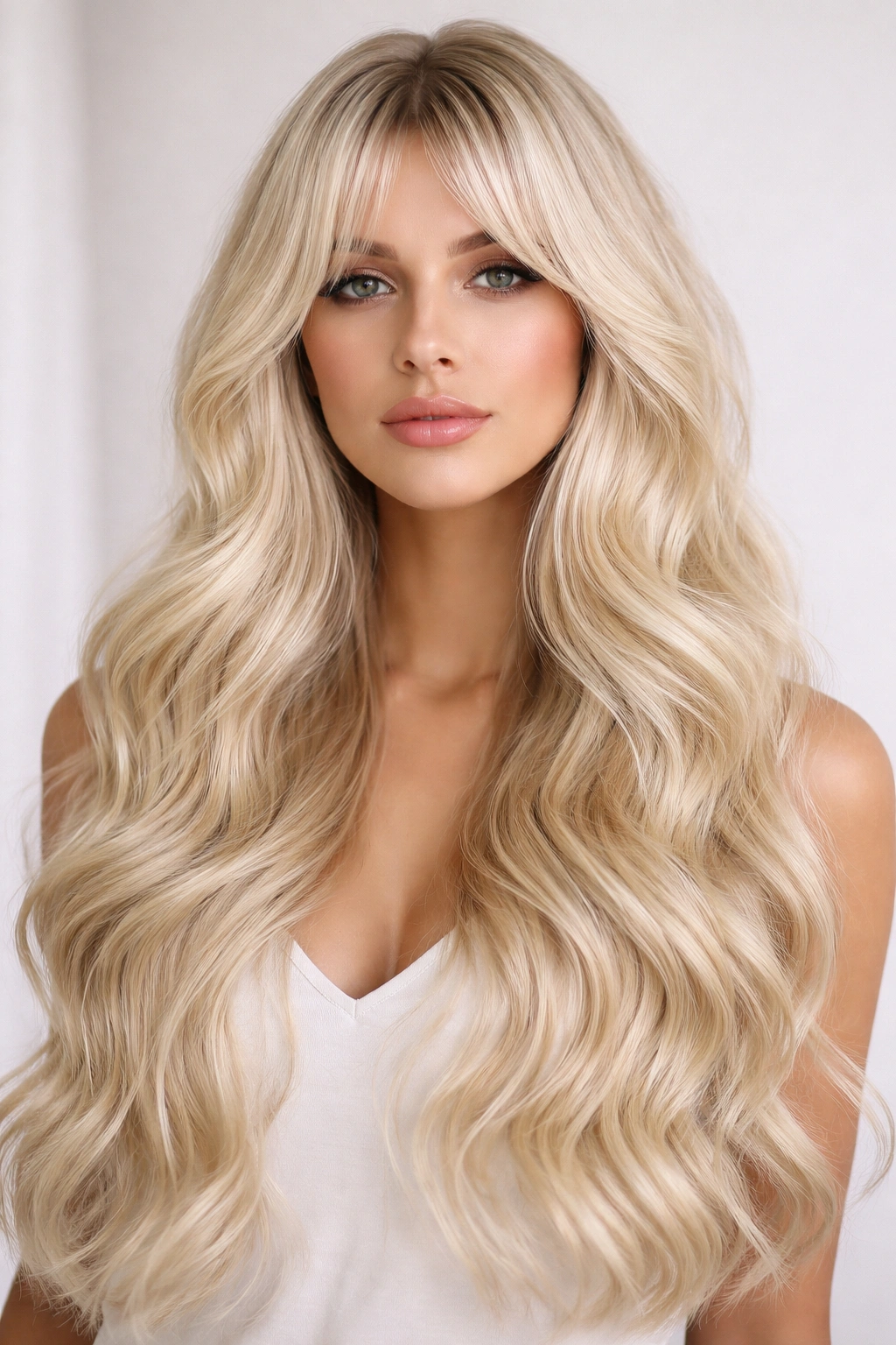 Curtain bangs with platinum blonde long voluminous waves.