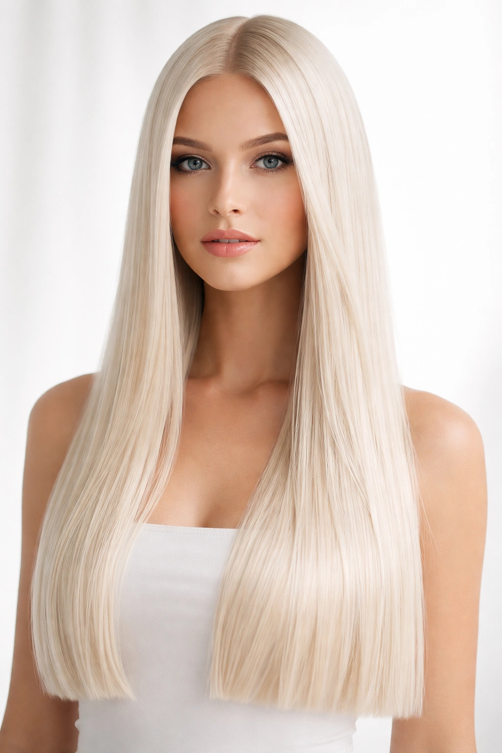 Platinum blonde long straight hair with blunt ends