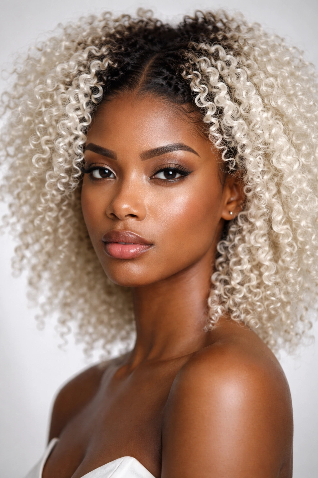 Close-up of coily hair with platinum blonde and dark roots creating bold contrast