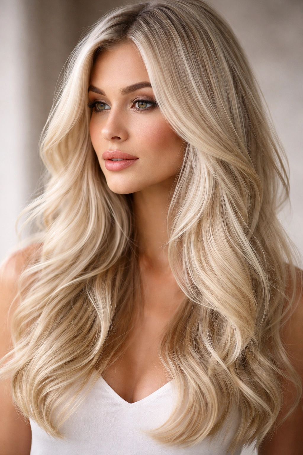 Platinum blonde waves with face-framing layers.