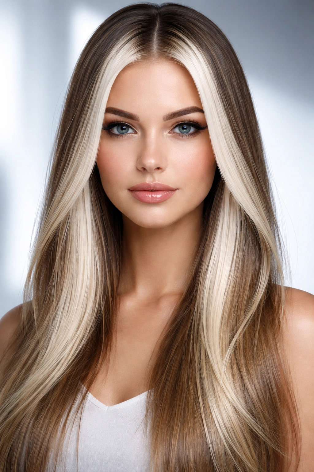 Platinum blonde money piece highlights on straight hair with icy tones