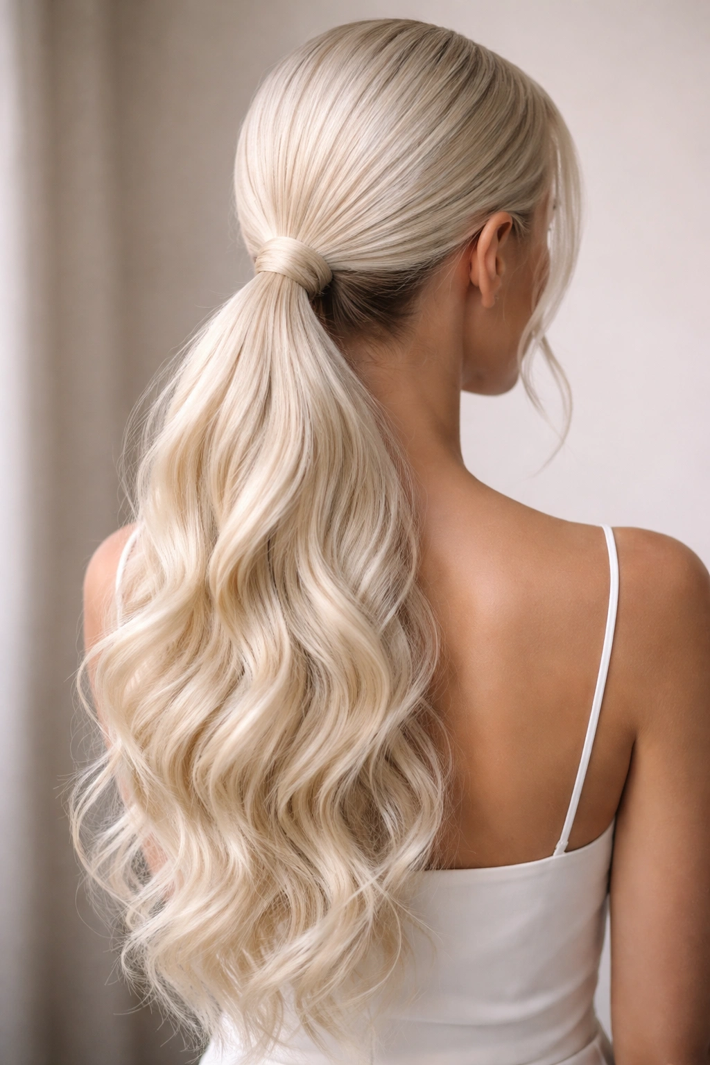 Sleek low ponytail with wavy platinum extensions.
