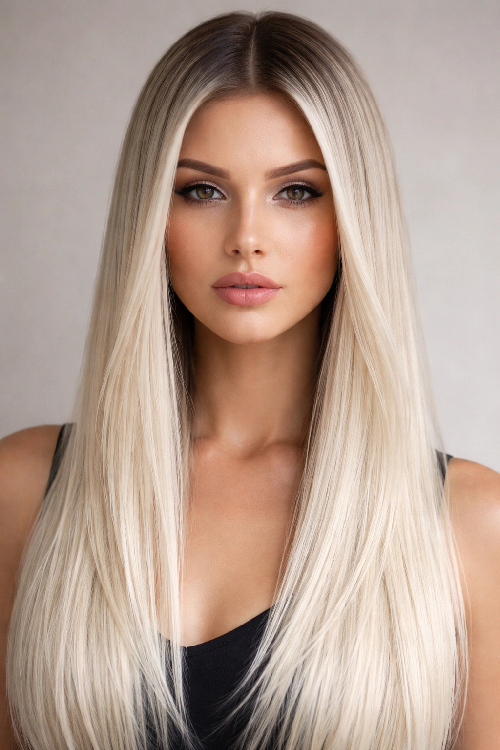 Platinum blonde with darker roots on straight hair showing a shadow-root effect.