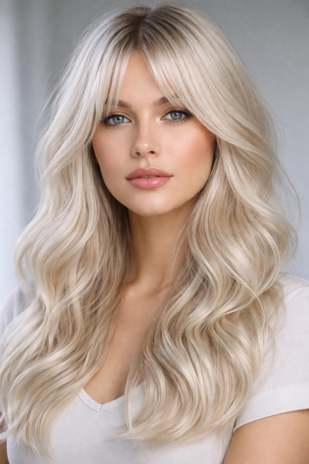 Platinum blonde waves with icy curtain bangs close-up portrait