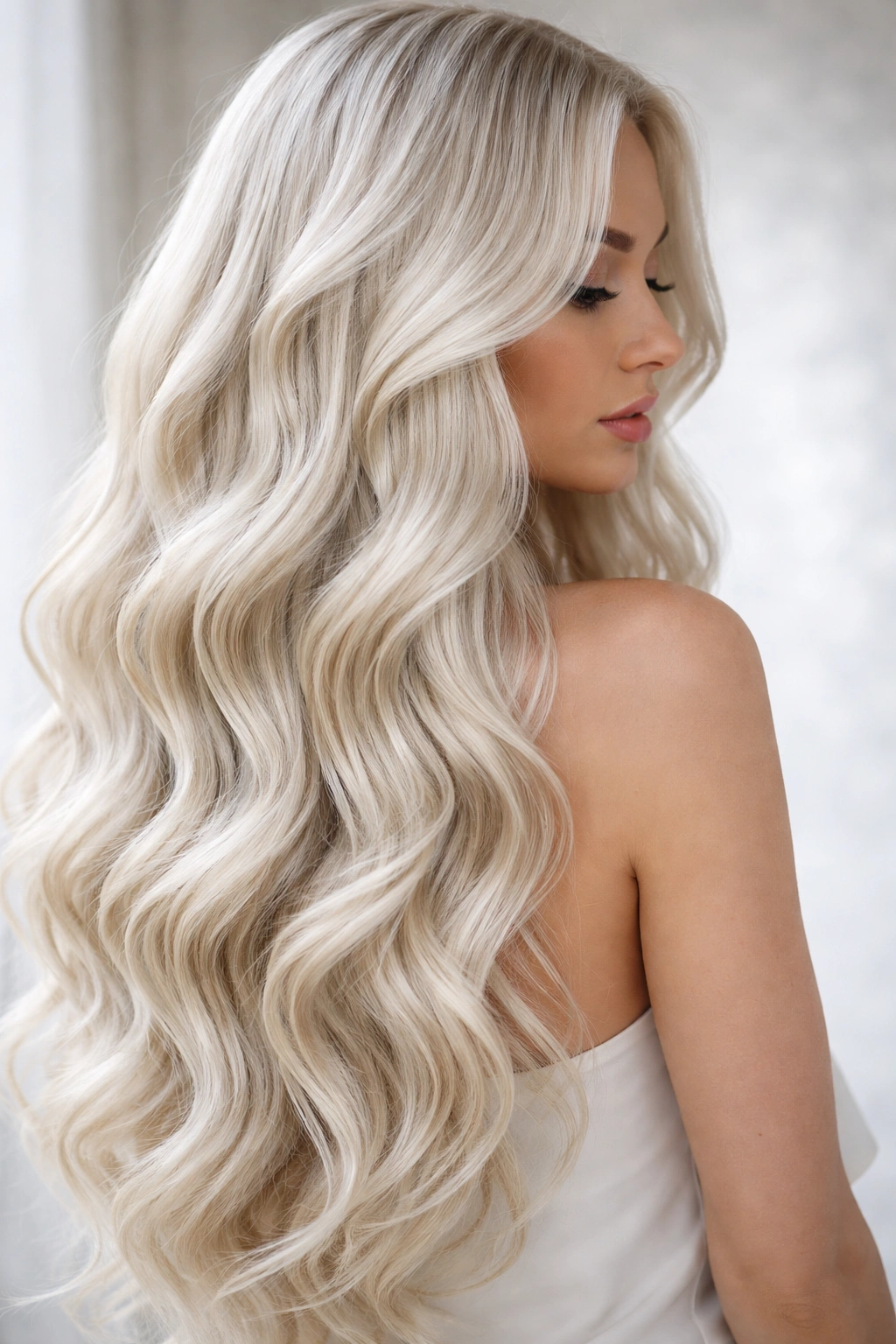 Platinum waves with subtle dimensional highlights.